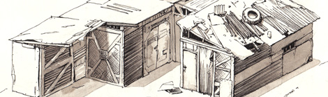 ink pen illustration of a post apocalyptic shed home by author and filmmaker John E. Brito